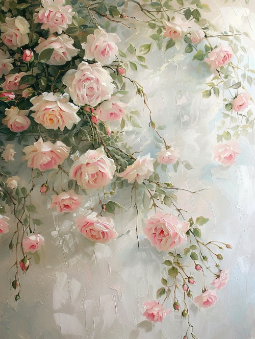 清晨，温柔阳光，白墙角落粉色小朵玫瑰花长长吊垂
