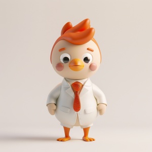 一只可爱的小鸡穿着白色职业装,系着橙色领带,风格类似于皮克斯,使用C4D渲染。它具有中国新年元素、红发和黑眼睛。全身照作为壁纸具有高分辨率和高清晰度,背景为白色,场景简单。这是一个使用Blender和工作室照明制作的3D渲染,具有自然光线。渲染细节丰富,质量高,背景简单且清晰度高。
