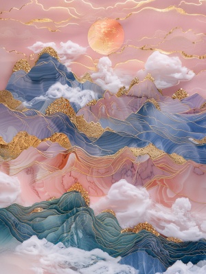 金镶玉雕，超广角的粉蓝相间波浪带有金线，由云组成的山脉，具有中国山水画的风格，色彩柔和，粉色背景，白色烟雾，白色金粉，笔触细腻，柔光和阴影，细节精致。金箔散落在画面表面，增添了整体美感。