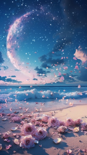 The picture is , a large silvery white crescent is sprinkled on the sand accompanied by the Milky Way stars, there are many pink and blue roses floating on the sand, pink and blue roses floating on the sea a beach in the shape of a heart, glowing creatures, Silver,Unreal Engine, Ultra Wide,4K HD, HD v 6.0 ar 9:16