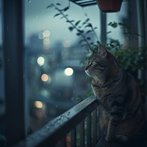 室内阳台，一只猫在阳台上，伤感，雨滴，真实感，室内猫后广角拍摄，夜景，高清画质