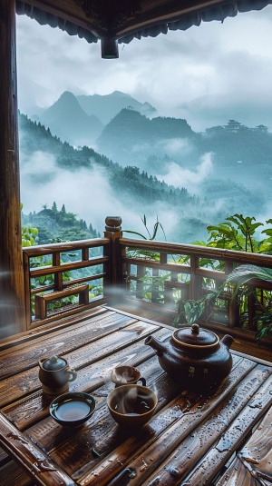 中国，山间木制精致凉亭内，木桌上面茶壶、茶杯冒着热气，能看到亭子内顶一角，亭子木栏杆外有绿色树叶，远处是青山叠嶂，云雾环绕，仙境般感觉，8K画质