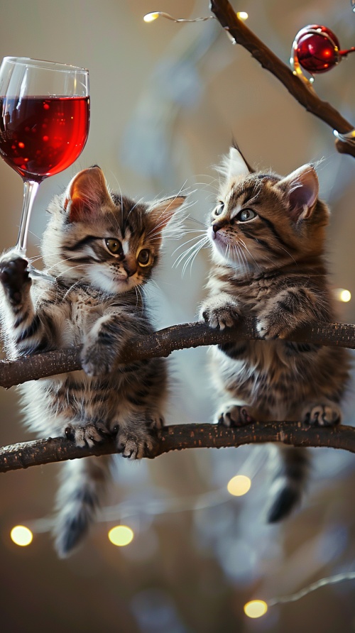 两只微型小猫咪在树枝上喝酒，手握红酒杯干杯，8k高清