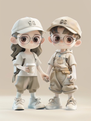 A cute little girl and boy wearing beige caped tshirt, baggy pants, white sneakers,holding coffee in hand,with glasses on face,full body shot, wearing"96"hat,smiling,3d illustration style, simple background,cartoon character,chibi anime artstyle, zbrush,soft light,2D game design,40k resolutionar3:4