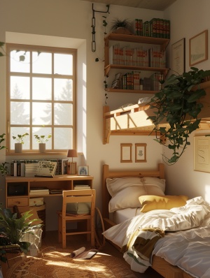 一间配有书桌和双层床的卧室角落、复古、年代感、木质的书桌上放了书和植物、墙上有放了书的木质吊柜、木质的床上有白色蕾丝的被子、白色的窗框、傍晚阳光透进来、墙上有一些相框、采用逼真和超详细的渲染风格、超高清图像、使用木质色调和白色
