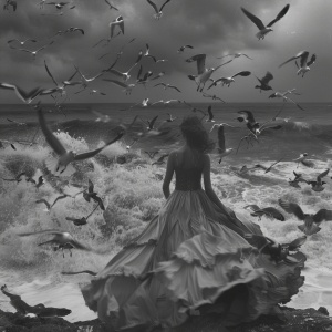 一张黑白照片,照片上有一位飘逸的长裙女子站在岸边,周围是一群在空中飞翔的海鸥,头顶是乌云密布的暴风雨。海面波涛汹涌,浪花翻滚。