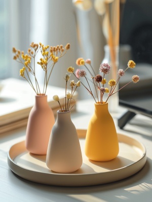 Small Yellow and Pink Vases with Dried Flowers on Open Tray