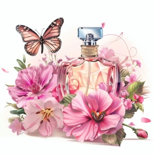 粉色的花卉旁边放着一瓶香水还有蝴蝶在旁边 白底 插画风格