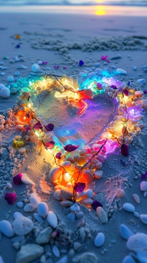 Glowing Heart-shaped Love Sand Painting on Snowy Beach