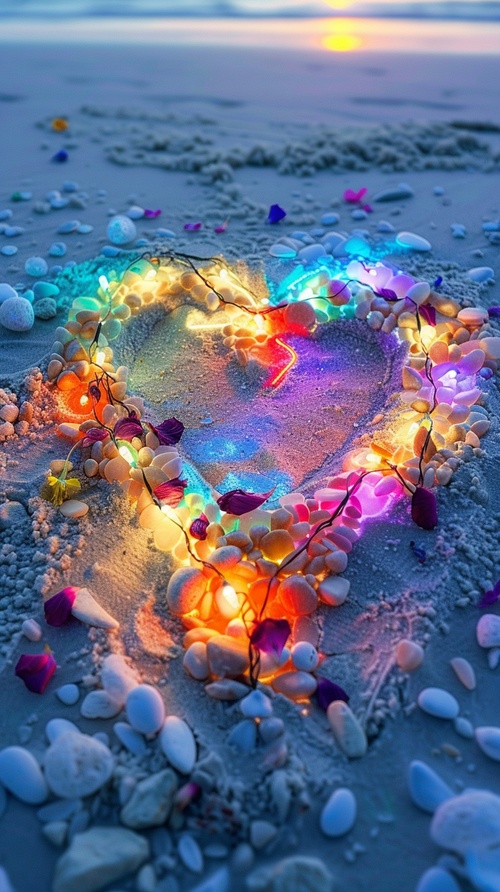 In the snow on a white beach, there is an open heart-shaped love sand painting made of glowing pebbles and colored lights. The light shines in from behind to create a three-dimensional effect. It has colorful petals scattered around it, creating a beautiful night scene with the sea in view. High definition photography in the style of photography. ar 2:3