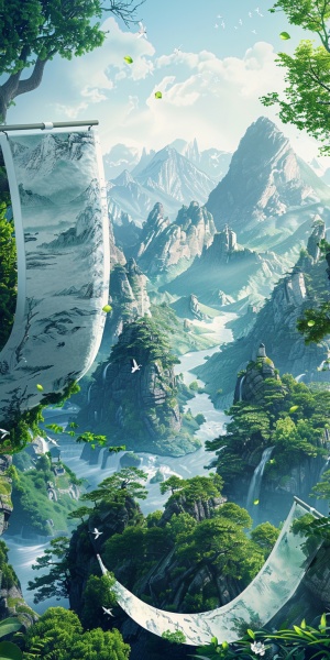 China-Chic style, a scroll floating in the air. There are 3D green mountains and waters in the scroll. The picture style is full of tension. The background is ups and downs of mountains and rivers, macro perspective, white and blue, surrealism, 3D