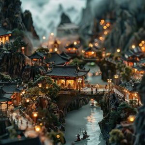 庙会，小桥，灯火通明，山下，中国市井生活，模糊人影
