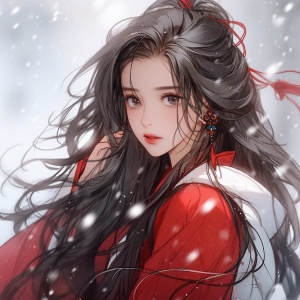 中式女孩,长发披肩,穿着红白相间的汉服,以动漫艺术插画风格呈现,面部特征细腻,长睫毛,迷人的眼睛,以及黑色长卷发造型。背景是雪地,画面具有高清细节和高分辨率。