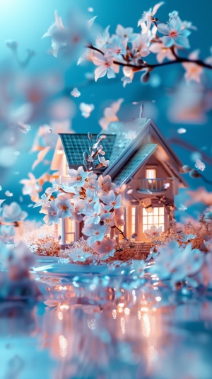 A house, 3D stereoscopic Ice material Interior light blue Conceptual product design Futuristic Blind box toy Handcrafted Exquisite 3D effect Full body display Ultra-high precision Ultra-detailed Perfect lighting OC Renderer Blender 8k Ultra-sharp Ultra-noise reduction，The surface is covered with colorful flowers。