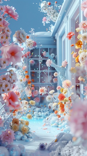 A house, 3D stereoscopic Ice material Interior light blue Conceptual product design Futuristic Blind box toy Handcrafted Exquisite 3D effect Full body display Ultra-high precision Ultra-detailed Perfect lighting OC Renderer Blender 8k Ultra-sharp Ultra-noise reduction，The surface is covered with colorful flowers。