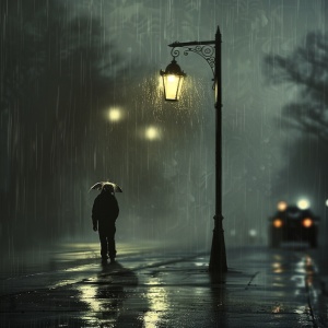 一个人在外面的路上，下着雨，没打伞，周边只有过往的车辆行驶的速度很快，仿佛自己就是一个灵魂深处的一个人，在路灯下，仿佛看不到任何东西