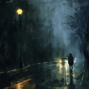 一个人在外面的路上，下着雨，没打伞，周边只有过往的车辆行驶的速度很快，仿佛自己就是一个灵魂深处的一个人，在路灯下，仿佛看不到任何东西