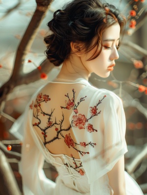 美丽的中国女孩,背部的梅花纹身风格为梅花,白色丝绸连衣裙,优雅的姿态,自然光影,高清摄影