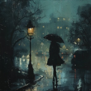 一个女生在外面的路上，下着雨，没打伞，周边只有过往的车辆行驶的速度很快，仿佛自己就是一个灵魂深处的一个人，在路灯下，仿佛看不到任何东西