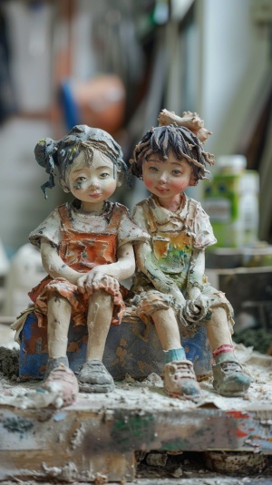 泥塑，房间里两个小孩，慵懒，儿童故事，轻微的混乱，多彩，巧妙的配色。