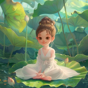 一个美丽可爱的少女坐在荷叶上，微笑着，大大的眼睛和一个美丽的发髻。她穿着一件白色连衣裙，上面装饰着轻盈、高清、高分辨率、全身的绿叶，以皮克斯人物的风格，柔和的肖像，精致细节的卡通插画，运用数字艺术技术，色彩缤纷，在中国画的风格上