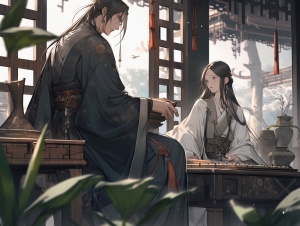 中国古代风格，一男一女，并排坐着，男的霸气，女的漂亮。严肃的表情。背景古代房屋内