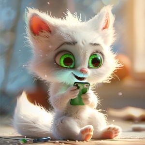Cute little white fox baby, big green eyes, playing in bed, holding an iPhone in his paws. Style for Disney Pixar, 3D cartoon, colorful background, soft lighting, cute and charming, high resolution, meticulous hair texture, digital art style for Artgerm, Pixar style, meticulous character design, Zbrush central contest winner, Disney animation style, detailed character illustration, popular on the Cgsociety, popular furry artist style.