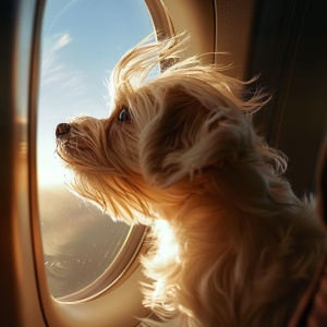 一个小狗在飞机上，小狗是白色的，毛茸茸的，毛发被风吹乱了，很乱很乱，它在看向太阳，享受温暖的阳光。