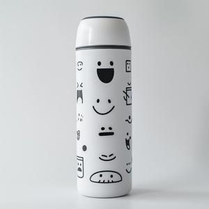 A white cylindrical thermos cup is written in gray great font，anthropomorphic modeling, emoticons, 6 emoticons, various expressions, happy, crying, angry, suspire，doodle in the style of Keith Haring，sharpie illustration ，bold lines and solid colors s 180 niji 5