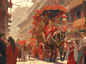 古代繁华街道，迎亲队伍，男子身着红装骑高头大马，女子红冠霞帔坐在喜轿中，吹吹打打，十里红妆，真实场景，广角，中国风