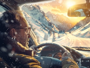 一辆疾驰在雪山道路上的汽车里，一个胖胖的中年男人在驾驶，戴着眼镜，迎着阳光