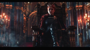电影《女超人》中的暗影女王 穿着黑色紧身衣战袍 坐在暗影界的王宫宝座上 迷人鬼魅微笑 身材好 美丽 完美身材 漂亮性感妖娆 红色头发 写实场景 8k 细节清晰 真实的 高清 写实主义 细节 8K超