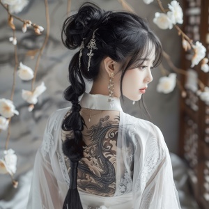 美丽的中国女孩,背部纹身,白色纱布裙,高马尾发型,汉服风格,穿着汉服风格的服饰。