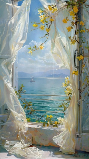 a painting of a window with yellow flower vine in the window, delicate gauze curtains, in the style of sea and coast painter, by yanjun cheng, sweeping seascapes, light white and sky-blue, flowing draperies, romantic。