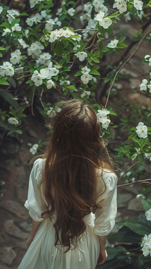 超广角镜头，航拍，清透，庭院，树上开着白色透明的花，绝美精致的长发女孩的背影，透明薄纱，飘逸，仙，温婉，笔触细腻，春天，浪漫古风，清新的绿色+白色，高清，8k，