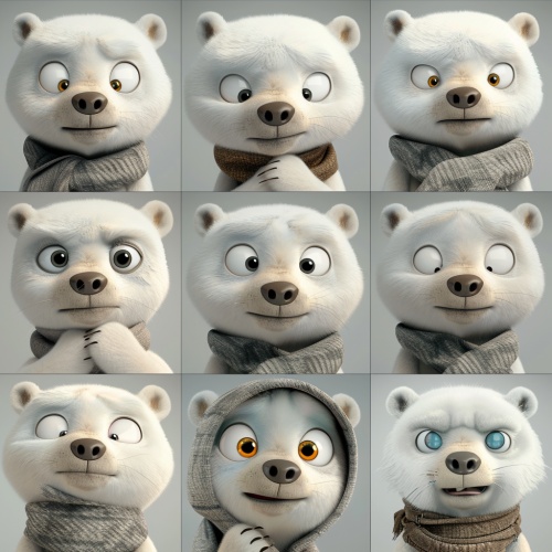 Nine pictures, various postures and expressions,Gray, lovely, polar bear, big round eyes, yellow ears,3D cartoon style, Happy, sad, angry, say hello, say yes, express gratitude, depressed, thinking, embarrassed,duy huynh，caninecore，strong composition, soft colors, high resolution ,A clean background,8k ar 1:1 s 800 niji 6