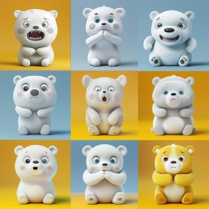 Nine Pictures: Gray, Lovely Polar Bear in 3D Cartoon Style