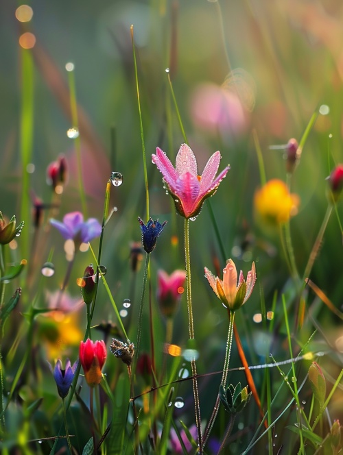 春天，清晨，一朵粉色的小花特写，其他五颜六色的小花虚化，露珠，小草，背景虚化，自然光，45度角侧向光，微距拍摄,暖白色