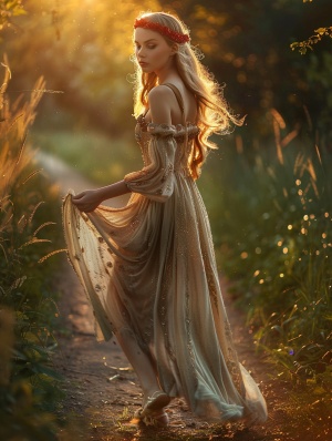 一位美丽的少女，金色长发上束着红色发带，穿着金丝银线缝成的长裙礼服和金舞鞋金，走在绿草地间的小路上。闪闪发光的夕阳，映照着她。