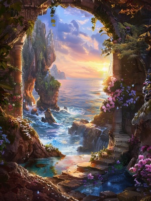 一个岩洞里，有原形布艺蒲团，有鲜花，有一滩天蓝色的泳池，岩洞外面是天蓝色的大海，夕阳照在海面上波光粼粼，画面治愈，唯美，