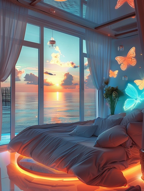 海边别墅，发光的床，发光蝴蝶，夕阳，天蓝色的海水，治愈系，干净