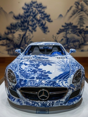 由陶瓷制作的柯尼塞格，青花瓷，展示汽车全貌，汽车展示在车展厅内，只展示一台汽车，背景干净无其他物品