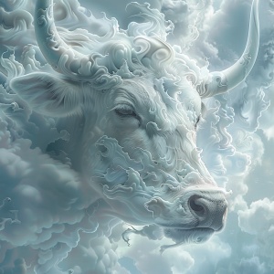 牛，一头白云组成的牛头，非常有气势，周围全是白云，高清特写，眼睛炯炯有神，十二生肖