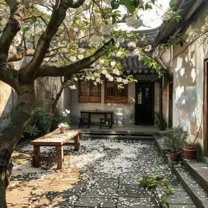 江南古风小庭院，一颗古老的梨花树，满地梨花瓣，