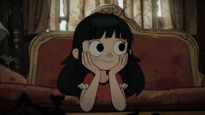 a cartoon girl with her hands on her chin, sitting on a couch, in the style of gothic.chinese tradition, disney animation, babycore, ken sugimori, chibi