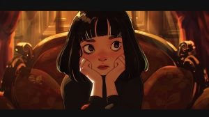 a cartoon girl with her hands on her chin, sitting on a couch, in the style of gothic.chinese tradition, disney animation, babycore, ken sugimori, chibi
