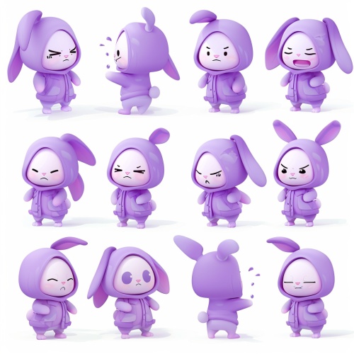 穿紫色纱裙子兔子，可爱丸子头， 动画角色设计、古典，可爱）（表情包，6表情，开心，微笑，悲伤，严肃，表情符号表，各种姿势和表情，不同的情绪，各种姿势和表情，高清