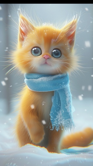 4k ，超清，大眼睛可爱黄色小猫咪，正面站立，围着淡蓝色围巾，泪眼汪汪，无辜可怜，毛发纹理细腻，超高清画质