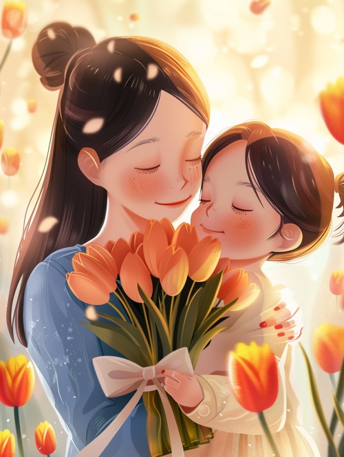 a pair of beautiful Asian mother and cute daughter embracing together,very happy,gentle face,smile face, delicate face,mother holding tulips in hand, bouquet tied with ribbon,flat illustration style,warm movie picture sense, foreground is some tulips, soft colors, warm tones, bright light,high quality detail, HD 8K ar 9:16 iw 1.2 niji 6 sref