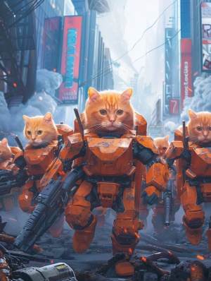 展现了一种充满想象力的科幻场景。中心是几只橘猫，它们身穿一套先进的战斗机甲，机甲的设计灵感可能来自于现代的机械装甲，融合了高科技感的线条和细节，如强化的关节部位和战斗损伤的痕迹，这些机甲橘猫已经成功地“占领”了这个城市，城市的建筑物上可能有战斗的痕迹，如爆炸的烟尘、倒塌的结构或是被破坏的广告牌。创造出一种幽默而又刺激的视觉效果，将可爱的橘猫与硬核的科幻元素相结合，专业摄影师的镜头，柯达(Kodak)，Portra 800胶片，摄影师丹·温特斯，摄影技艺的巅峰,,摄影图片,真实感